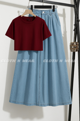 DENIM SKIRT WITH MAROON CROP T-SHIRT
